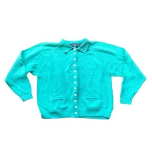 1990s VTG GAP Chunky Knit Collared Button Up Teal Cardigan Sweater Size Medium - Picture 1 of 4