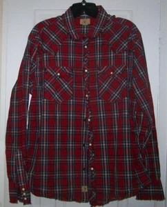 Trevero Pearl Snap Shirt Mens Large Long Sleeve Red Plaid Fringe Trim Rockabilly - Picture 1 of 9