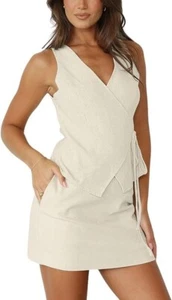 Women Summer 2 Piece Suit Sets Cotton Linen Vest Blazer and Mini Skirt Causal - Picture 1 of 16