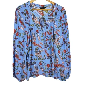 Talbots Damen Langarm Bauern Tunika Bluse Oberteil Gr. XL Landhaus Boho Blumen blau - Bild 1 von 8