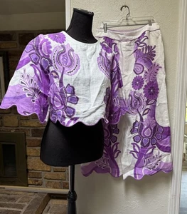 Farm Rio Full Of Flowers Women's SZ S 2-Piece Midi Skirt & Cropped Blouse Purple - Picture 1 of 12