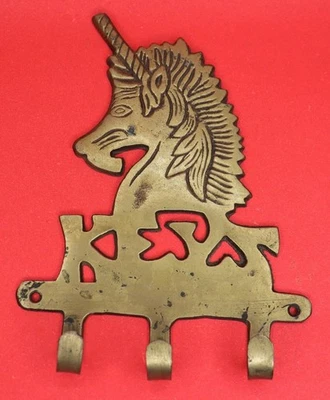 Unicorn Horse Shape Antique Vintage Style Handcrafted Brass 3 Hook Wall Hanger - image 1 of 4