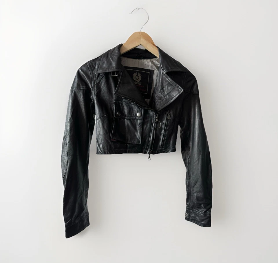 Chaqueta de cuero para mujer Belstaff Gold Label negra gris vintage botón talla 40” Foto 1 de 4