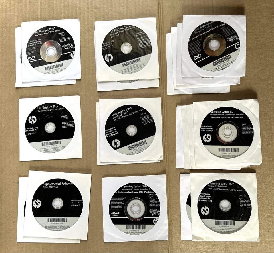 20 DISC LOT HP Restore Plus MICROSOFT WINDOWS Operating System INSTALLATION DVDs - Image 1 of 4