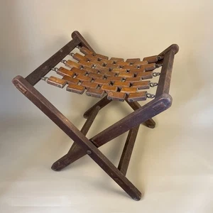 Vintage Fold Down Stool Seat Wood & Metal Portable Event Seat Brown - Picture 1 of 13