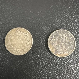 Lot Of 2 Canadian Silver Dimes 1917 And 1964 - Picture 1 of 5