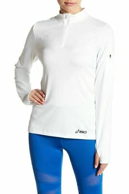 Pullover ASICS para mujer blanco activo suave cuarto cremallera cuello falso agujero para el pulgar talla S Foto 1 de 4