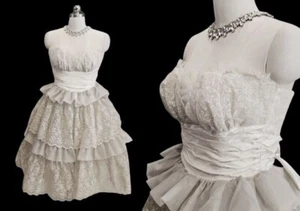 VINTAGE '50s LIGHT GRAY AND IVORY FLOCKED TIERED PROM DRESS FORMAL METAL ZIPPER - Picture 1 of 7