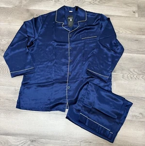 Silksilky Mulberry Silk Pajama Set Size XXL Navy Blue Long Sleeve Button Down - Picture 1 of 17