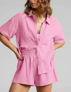 Womens Casual 2 Piece Outfit Cotton Button Down Shirt Shorts Set light pink L - Picture 1 of 13