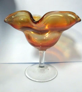 Marigold Carnival Glass Clear Stem Ruffled Rim Candy Dish Nice Vintage - Picture 1 of 12