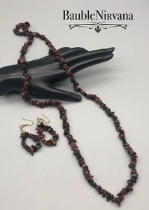 Juego de collar y pendientes vintage de cuentas gruesas pulidas ágata marrón a rayas - Imagen 1 de 5