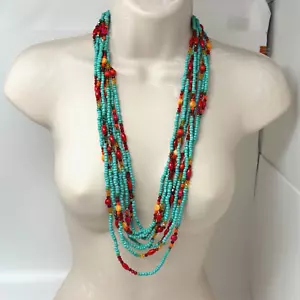 Set of Four Long Beaded Necklace Strands Turquoise Pink Red Orange Glass Plastic - Picture 1 of 7