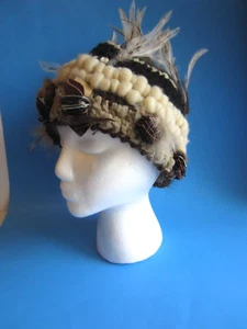 Diana Designs Ladies Knitted Wool Hat Feather leather fur Trims Wilner Studio - Picture 1 of 14