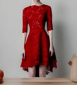 Ladies CONIEFOX Red Feathered Mesh Asymmetrical Cocktail Dress. Size 8. GUC - Picture 1 of 12
