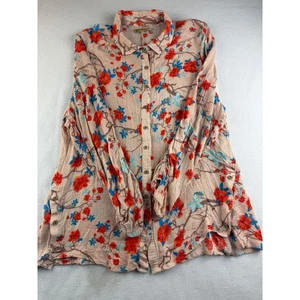 Democracy 1X Floral Bird Print Crinkle Gauze Button Up Shirt Blouse Top - Picture 1 of 10