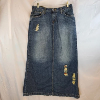 VTG Y2K Hippie Brand Patchwork Boho Distressed  Denim Maxi Skirt Women 13/31 - Image 1 of 4
