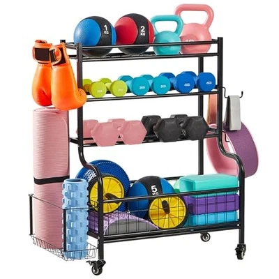 LUGO DUMBBELL STORAGE RACK STAND WHEELS HOOKS SPORTS EQUIPMENT ORGANIZER - BLACK