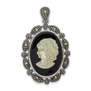 Sterling Silver Antiqued Marcasite Black Agate & MOP White Cameo Pendant - Picture 1 of 3