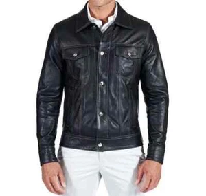 Giacca camionista uomo pelle nera camicia pelle classica giacca cappotto - Foto 1 di 9