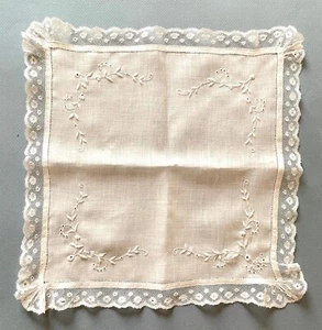 Antique Hand Embroidered Hankie Handkerchief Valenciennes Lace Trim 12" Bridal - Picture 1 of 6