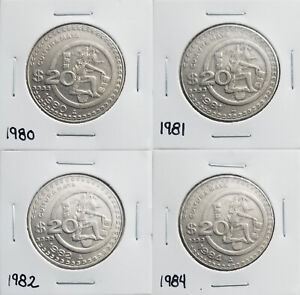 Mexico $20 Pesos, 1980-1981-1982-1984 Mayan Culture, COMPLETE-SERIES, Nickel.