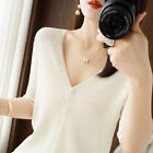 Women Ice Silk V-neck Short Sleeve Knitwear Cardigan Casual Tops Thin T-shirts