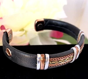 Solid Copper Leather Wrapped Magnetic Bracelet Men Women Energy Cuff Bangle L19 - Picture 1 of 2