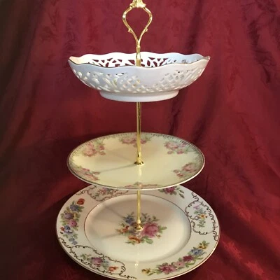 Cake Stand 3 Tier With Antique Plates & Reticulated Bowl Tidbit Plate - Image 1 of 4