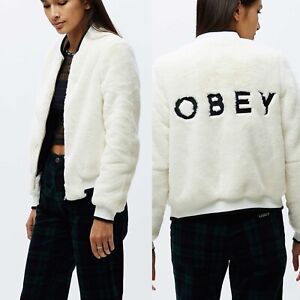 OBEY LE SEINE Jacket Faux Fur Bomber Size M Logo Embroidery Bone NEW