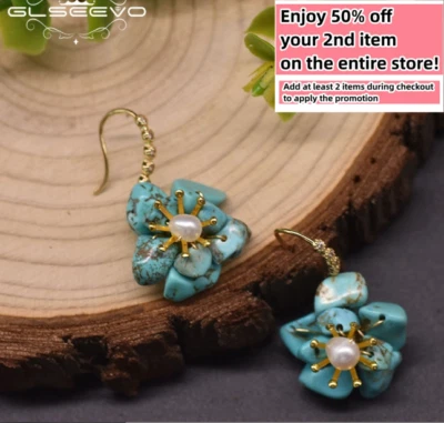 Freshwater Pearl Earrings W/ Turquoise Stone Bohemian Baroque Drop 925 Silver - Image 1 of 4