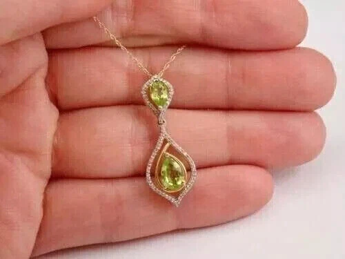 14K Yellow Gold Plated 3Ct Pear Cut Lab Created Green Peridot & Diamond Pendant - Image 1 of 1