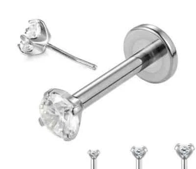 16g 18g Push Pin Labret Bar CZ Gem Helix Cartilage Earring Stud Monroe Piercing - Image 1 of 4