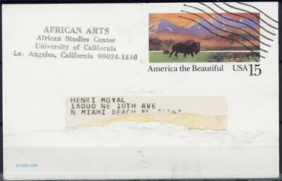 Postal Stationery United States, Ca1989. Los Angeles to Miami Beach. African Art - Image 1 of 3
