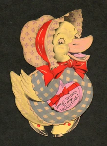 1930s Die Cut Mechanical Valentine Card Happy Dressed Duck With Moving Feet - Picture 1 of 1