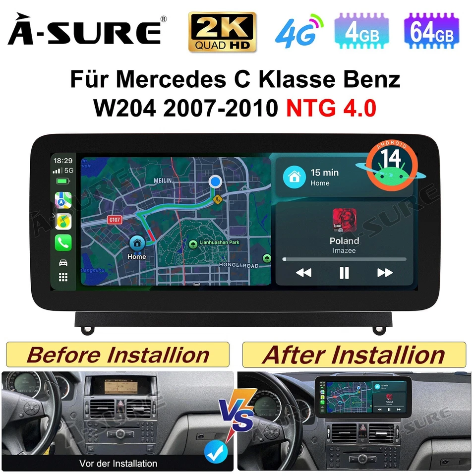 4+64GB Android 15 Autoradio Carplay Für Mercedes Benz C Klasse W204 S204 NTG 4.0 - Bild 1 von 4