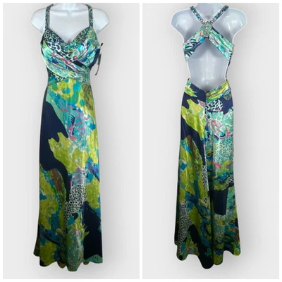 NWD Cachet Formal Maxi Dress | 8 | Tropical Satin Open Back | Formal Prom Gala - Image 1 of 4