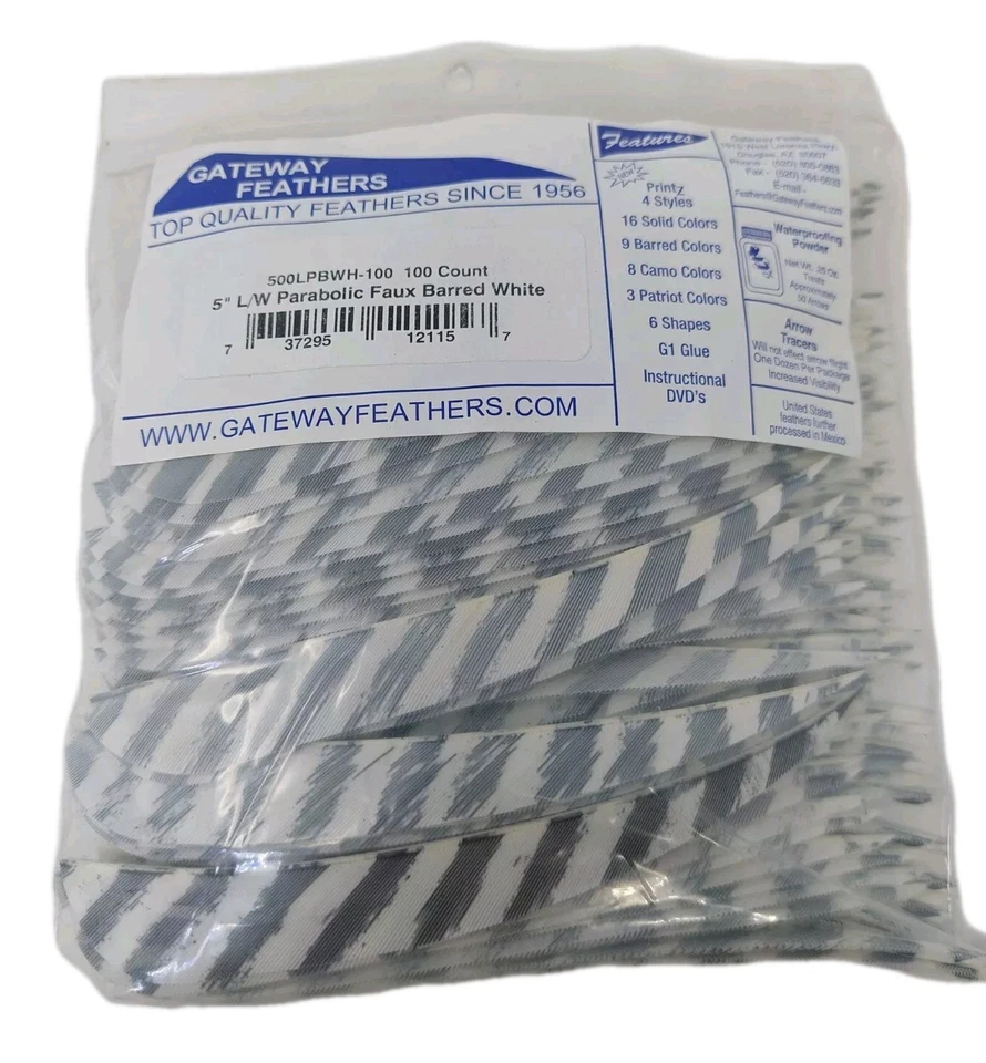 100 Pack Gateway Feathers 5" Left Wing: Parabolic Faux Barred White 500LPBWH-100 - Image 1 of 3