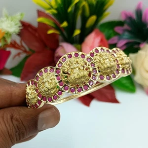 Gold Plated Temple Jewelry Bangle | Indian Goddess Lakshmi Kada Traditional Ethn - Picture 1 of 14