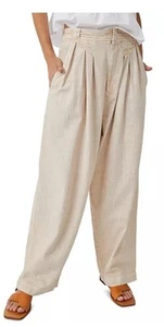 Free People Trousers Size 8 (30x27) High Rise Wide Leg 100% Cotton Cream Pants - Picture 1 of 6