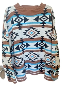 Suéter Pullover Savanna Jane 3X Southwestern Manta Crew Tejido Pesado Azteca - Imagen 1 de 4