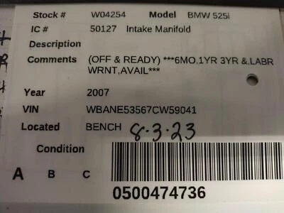 Used Engine Intake Manifold fits: 2007 Bmw Bmw 525i 3.0L i model 215HP Grade A Foto 1 de 4