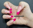 12 Extra Long Coffin French Neon Hot Pink Hand Painted Gel Press On False Nails 