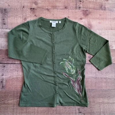 VERTIGO PARIS Floral Applique Spring Cardigan 3/4 Sleeve MEDIUM Green - Image 1 of 4