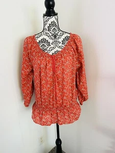 Lauren Jeans Co Women’s Red Boho Lace Up Long Sleeve Peasant Cotton Top Size M - Picture 1 of 9