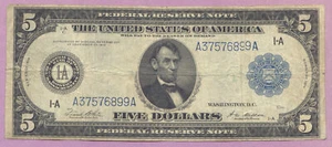 1914 $5 Federal Reserve Note, $5 FRN, 1-A Boston, True Auction, No Reserve - Picture 1 of 2