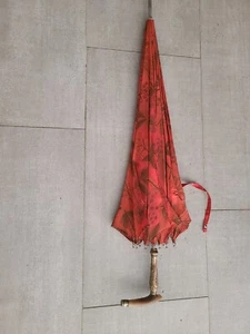 Vintage red Umbrella With gold and HORN Handle no hole or rip - Picture 1 of 4