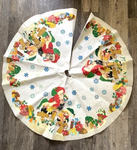 Vintage TREE SKIRT Christmas PRINT Santa Toy Kids Mushroom THICK PAPER-FELT 44" - Picture 1 of 16