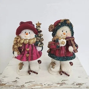 Resin Mini Snowman Pair Bobble Body Christmas Figurine Set Shelf Sitter Decor - Picture 1 of 10