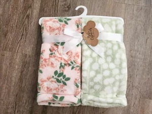 Baby Essentials 2 Pack Girls Blankets Plush Soft Green Dots Pink Floral New ... - Picture 1 of 4
